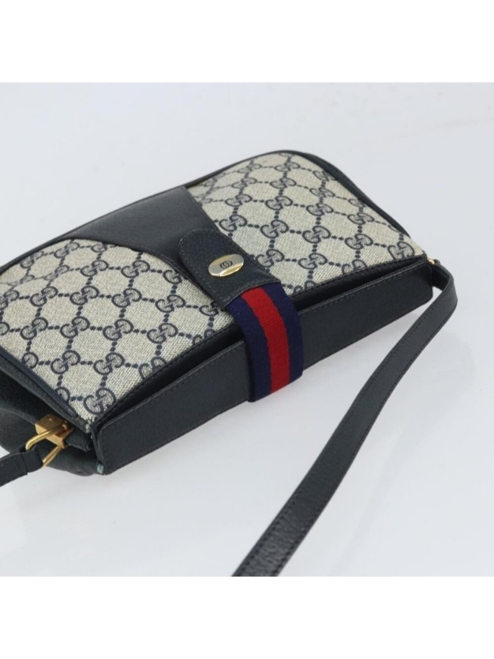 Authentic GUCCI GG Supreme Sherry Line Shoulder Bag PVC Navy Gold - Picture 13 of 16
